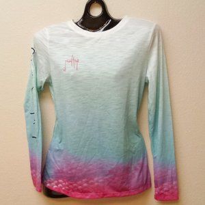 Guy Harvey Long Sleeve Shirt, Sea Green/Pink Fish Design Women's Size Medium.
